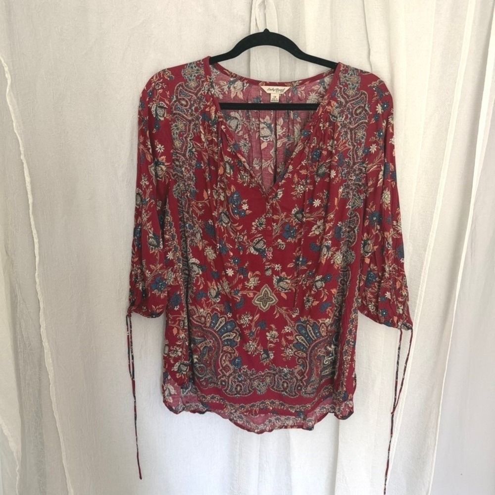 Lucky Brand Boho Top Women 1X Red Paisley Print 3/4 Tie Sleeve V-Neck Blouse